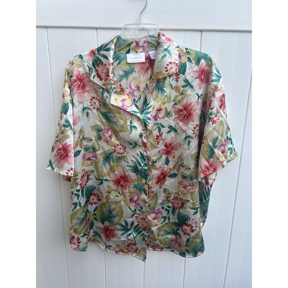Cabernet Sleepwear women's 1X Button Front Satin Short Sleeve Colorful